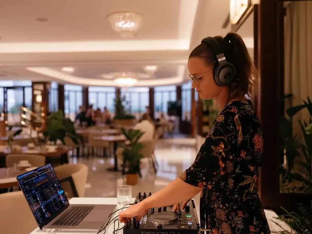 A woman wearing headphones operates DJ equipment and a laptop in a well-lit restaurant during social gatherings, with people seated in the background.